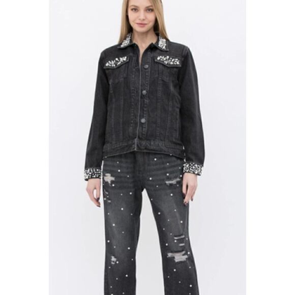 Vocal PEARL EMBELLISHED FRONT RIPPED JEANS LG NWT - Picture 2 of 5